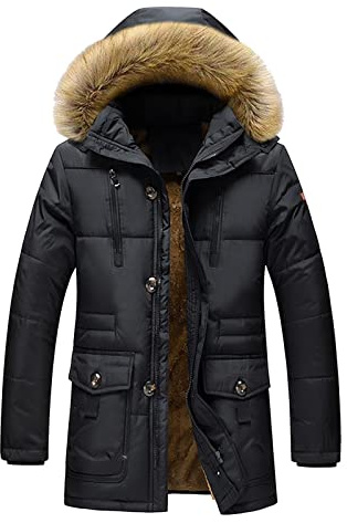 WAZHAKU Longue parka d'hiver chaude pour homme - Avec capuche en fourrure synthétique - Veste d'hiver doublée - Veste thermique - Veste de ski - Veste de snowboard - Manteau en laine - Veste de