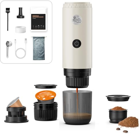 HAILASRE Portable Espresso Machine,20Bar,7800mAh Rechargeable,3-in-1 for Nespresso、DG Capsules&Ground Coffee, With self-Heating,One-Button Extraction,Electric coffee maker for car、camp、climb(White)