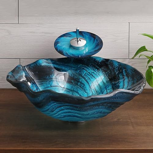 ZYCDP Lavabo Vidrio Lavabo Baño Sobre Encimera con Grifo y Desagüe 450 X 450 X 155 mm Azul