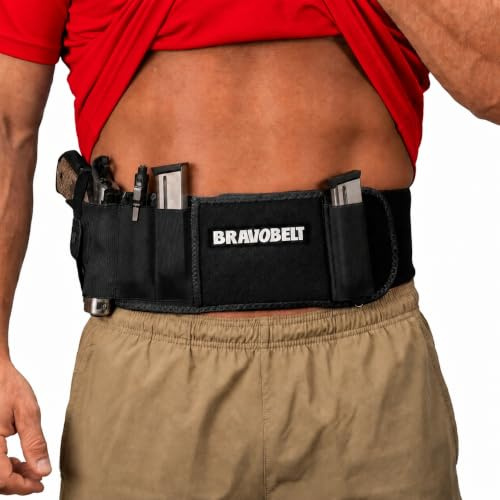 BRAVOBELT Belly Band Holster - Athletic Flex FIT for Running, Jogging, Hiking - G17-43 S&W M&P 40 Shield Bodyguard Kimber (Up to 44 Belly, Black)