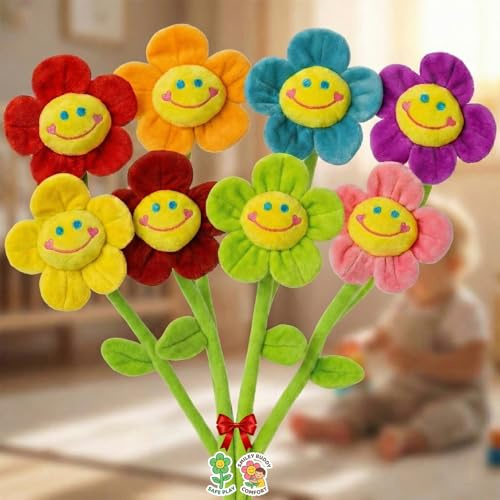 Tplay Flower Plush Stuffed for Toddlers: Bendable 0-Poke Encased Stems - Safe Play Girl Toy - Smiley Bouquet Buddy for Separation Anxiety Valentine Gift Age 2-5