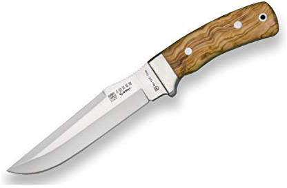 Joker Cuchillo de Monte Enterizo Gamo CO46, con Funda de Cuero marrón, cachas en Madera de Olivo y Hoja MOVA de 15,5 cm, Herramienta de Pesca, Caza, Camping y Senderismo