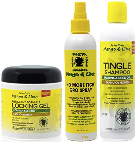 Jamacican Mango & Lime Locking Gel 6oz met No More Itch Grow Spray 8oz & Tingle Shampoo 8oz