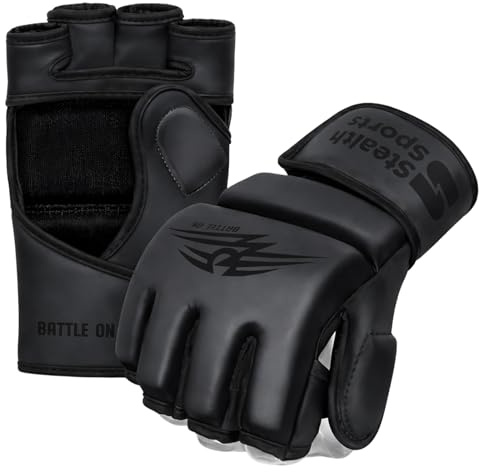Guanti MMA Uomo Donna Spessore 12 mm - Guanti da presa in pelle PU Palmo aperto Muay Thai Kickboxing Sparring Sacco da boxe Boxe Allenamento Gabbia Lotta Guanti per arti marziali (Nero, L)