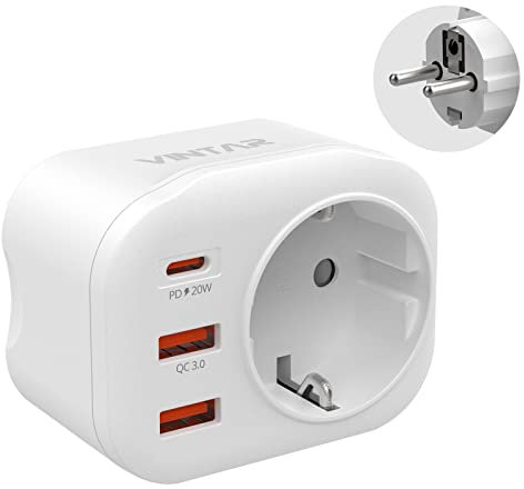 VINTAR 20W Steckdose, 4 in 1 PD & QC 3.0 Schnellladestecker-Adapter, Steckdosenadapter mit 2 USB-Anschlüssen und 1 USB-C-Anschluss, Ladegerät 4000W(16A) für Germany