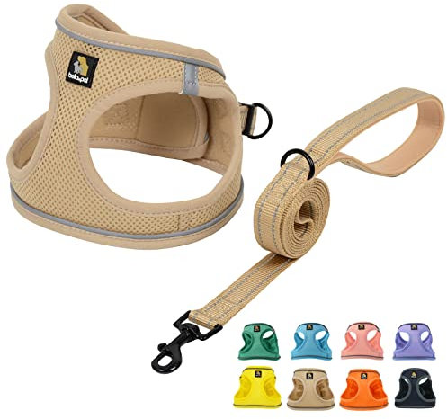 BELLA & PAL Hundegeschirr Kleine Hunde mit Leine, Step-in Geschirr aus Air Mesh, Anti Zug Reflektierend Atmungsaktiv Brustgeschirr, Welpengeschirr für Kleine Hunde, Katzengeschirr, Khaki, S