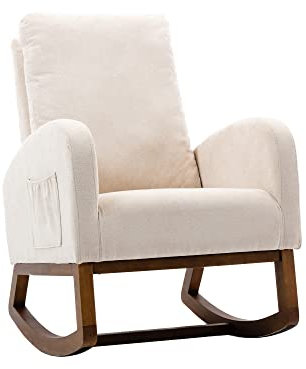 HAINEW Schaukelstuhl Relaxstuhl Schaukelsessel Sessel Stuhl Polyester Fabrik Wohnzimmersesse mit Tasche für Wohnzimmer Relaxstuhl für Wohnzimmer Schlafzimmer Kinderzimmer Freizeit (Beige)