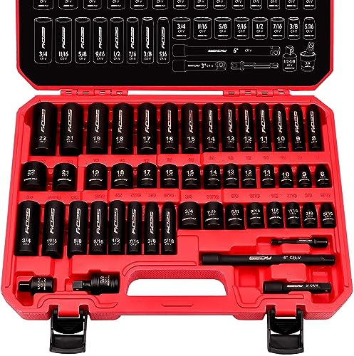 3/8 Drive Impact Socket Set - 49-Piece SAE (5/16 to 3/4 inch) and Metric (8-22mm) Sizes with Extension Bars and Universal Joint Standard & Deep CR-V Material for High Durability Impact Wrench