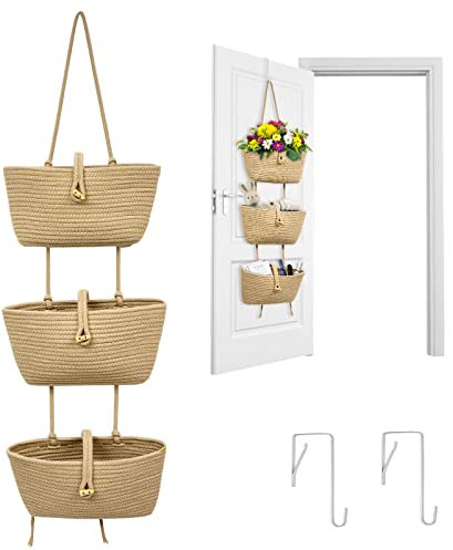 Ntmaichy Over The Door Storage,Wall Hanging Storage Baskets with 3 Pockets,Back of Door Organiser Rope Fabric Storage Solution for Bedroom Living Room Khaki