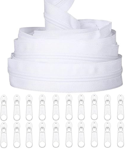 TBACW 5Yards Bulk #3 Zippers for Sewing, Black Nylon Coil Zipper with 20PCS Sliders (White)