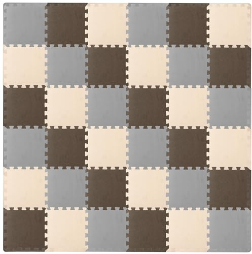 ProSource Baby Play Mat, Soft Foam Floor Tiles for Kids, Interlocking EVA Panels for Playpen Use, Crawling Development Surface, Safe Non-Toxic Toddler Flooring, 36 Tiles, Brown/Beige/Gray