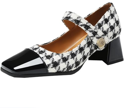 Onewus Mary Jane Chaussures rétro pour femme avec talons épais et pointe carrée, Noir , 44 EU