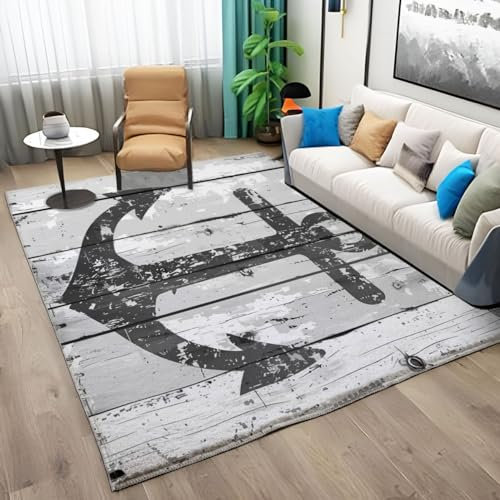 Teppich 80x150 cm rutschfest Waschbar Teppich, Nautisches Thema Anker Shabby Chic Holzplanken Druck Teppich für Dekoration Schlafzimmer Kinderzimmer Wohnzimmer Kurzflor Grau Teppich