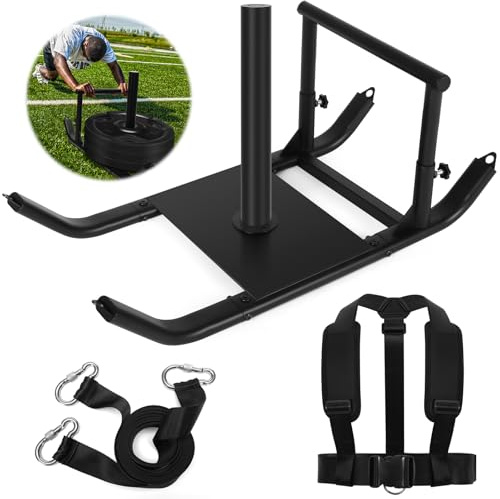 GDFISH Large Weight Sled, Adjustable Height Handle Push Sleds, Workout Fitness Sled for Training Running Speed, Compatible with 1 & 2 Weight Plate, Easy Obstacle Clearance for Grass, Sand, Cement