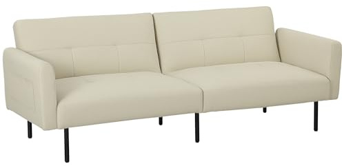 HOMCOM Divano letto 3 posti clic-clac con schienale regolabile e tasche laterali, divano moderno in tessuto trapuntato per soggiorno, camera degli ospiti, 200 x 77 x 72 cm, beige