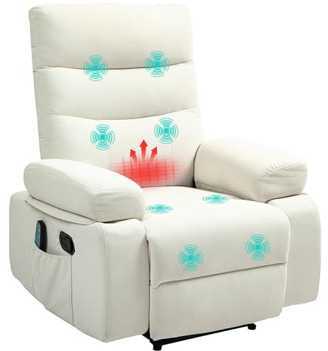 HOMCOM Fauteuil Relax Salon avec Fonction Massage Chauffage Fauteuil Relaxant avec Dossier inclinable et Repose-Pied, Poche latérale, télécommande, crème