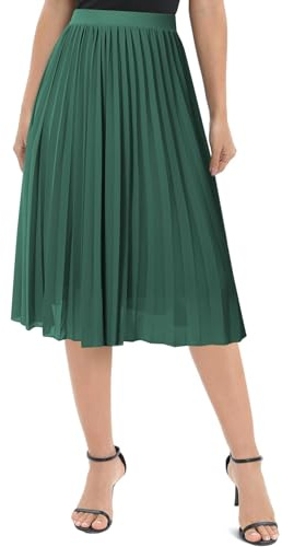 Genfien Women's Midi Skirts Elegant Chiffon Pleated Lining | A-Line,Elastic High Waist,Knee-Length,Solid Color,Summer,Basic