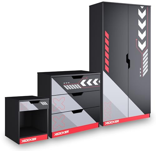 X-Rocker Octane 3 Piece Bedroom Furniture Set, Kids Bedroom Furniture Set, Racing Pattern, Soft Close Wardrobe, + 3 Storage Drawer Chest of Drawers, 1 Drawer Bedside Cabinet, BLACK & RED Set