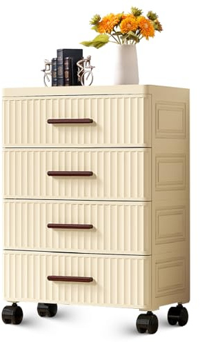 Kunststoff Schubladenbox Mit Rollen Rollcontainer Mit 4 Schubladen, Rollwagen Schubladenschrank, Schreibtisch Schrank Organizer Für Zuhause, Schrank, Schlafzimmer, Bad, BüRo, 48 B x 30 T x 69.5 H Cm