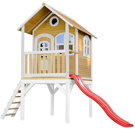 AXI Laura Maison Enfant avec Toboggan Rouge | Aire de Jeux pour l'extérieur en Marron & Blanche | Maisonnette/Cabane de Jeu en Bois FSC