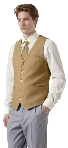 Bofan Men Suit Vest Linen Khaki Beach Wedding Waistcoat Summer Casual Vest For Men Groomsmen Dress M