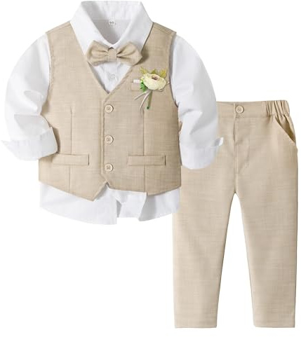 Volunboy Trajes para Bebé Niños de Boda Ceremonia Fiesta, Conjunto de Chaleco, Camisa, Pajarita, Pantalón 4 Piezas(Tamaño 130,5-6 años,Caqui Claro