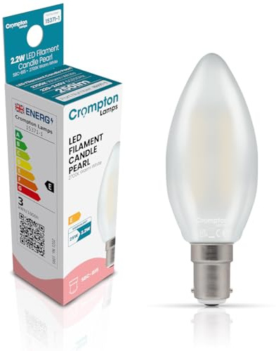 Crompton Lamps Filament Candle LED Light Bulb SBC-B15d | 2.2W = 25W Equivalent | Warm White 2700K | Energy Efficient | Small Bayonet Lightbulb | Long Life 15000-Hrs | Pearl Glass | Dimmable