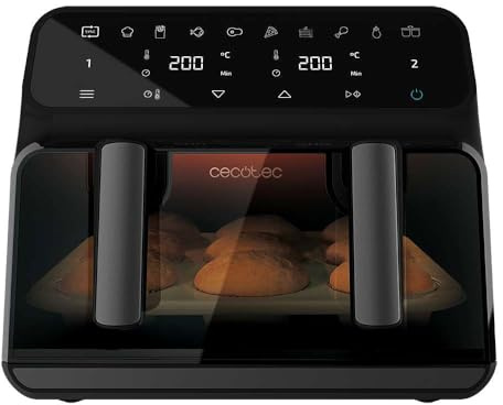 Cecotec Heißluftfritteuse Cecofry Advance 9000 Window. 2200 W, 9 L, 2x4,5 L, 60–200 °C, Dual-Zone, Trennwand, Airfryer, Sichtfenster mit Innenbeleuchtung, 8 Programme, Touchpanel – Fettarm frittieren