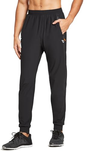 baleaf Men's Joggers Pants Workout Track Running Athletic Gym Lightweight Quick Dry Tapered Jogger Zipper Pockets Black L