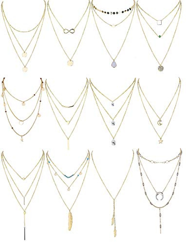 Finrezio 12 Pièces Collier Multirangs pour Femme Alliage Long Ras De Cou Collier Pendentif Plumes Lune Or