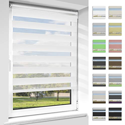 OUBO Doppelrollo Klemmfix, Rollos für Fenster ohne Bohren & mit Bohren (Weiß, 40cm x 120cm), Duo Rollo Klemmrollo Fensterrollo Easyfix, lichtdurchlässig und verdunkelnd.