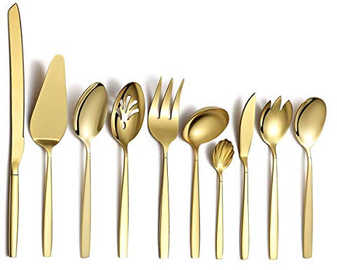 Berglander Juego de servicio de plata y oro de acero inoxidable, 10 piezas con baño de titanio dorado, cucharas para servir, utensilio para servir de plata (10 piezas)