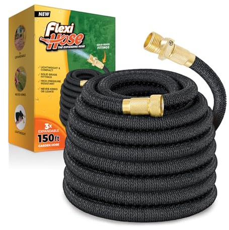 Flexi Hose Lightweight Expandable Garden Hose, 150FT -Retractable Garden Hose, Water Hose - No-Kink Flexibility, 3/4 Inch Solid Brass Fittings and Double Latex Core