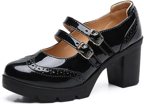 DADAWEN Women's Mid Block Heel Court Shoes Platform Mary Jane Pumps Dress Oxfords Shoe Two Straps Black 7.5 UK