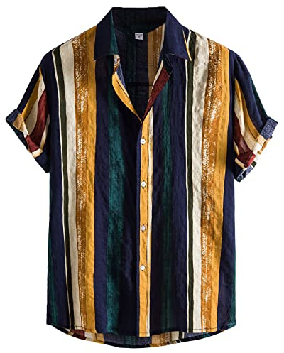 MakingDa Camicia Floreale Hawaiana Uomo Manica Corta Funky Casual Hawaii Stampa Camicie Estate Spiaggia Vacanze Aloha Camicia Strisce Gialle M