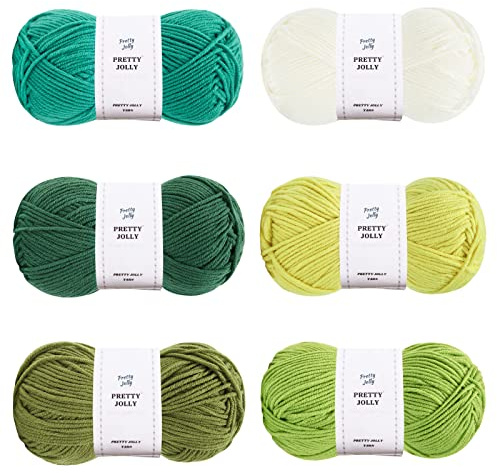 Pretty Jolly 300g Soft Assorted Colors Yarn, Sport Weight,100% Acrylic, 4 Ply, Bonbons Yarn for Crochet & Knit, DIY Project Starter Kit for Kids or Adults(6×132m) (Green Department)