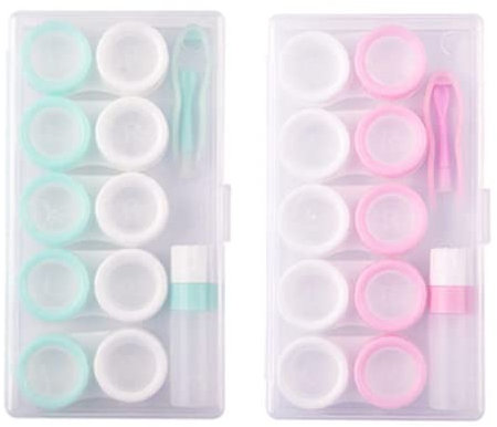 10 Pairs Contact Lens Case Plastic Eye Len Organizer Box with Carrying Travel Holder, Portable Clear Soak Storage Container with Tweezer Stick Remover Tool Solution Bottle(GreenWhite&PinkWhite)