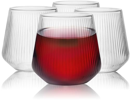 RAINPOP 4 Pcs Plastic Ribbed Wine Glasses, Unbreakable Stemless Wine Glasses, Portable & Reusable, Thickened BPA Free, Clear Plastic Cocktail Glasses for Party Camping Picnic Pool (355ML/12.5 oz)