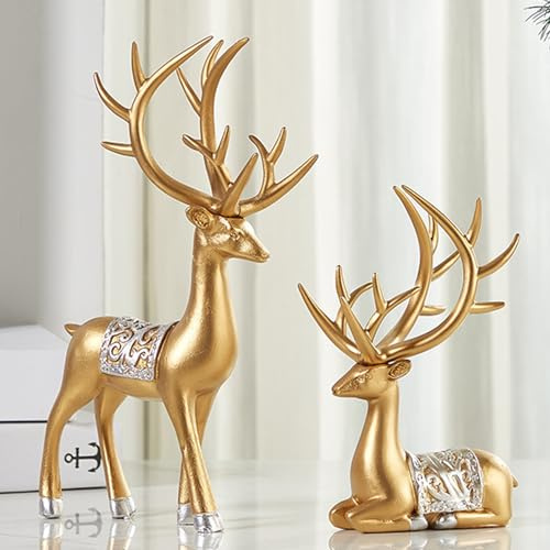 BZHIB Figuras De Ciervos Navideños con Decoración De Renos Navideños De 2 Piezas, Escultura De Resina De Renos De Pie Y Sentado, Suministros para Centros De Mesa De Ciervos Navideños,Gold