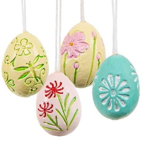 Set di 4 uova di Pasqua decorative in resina, 4 cm: ovetti retrò da appendere in blu, verde, giallo e rosa con motivi floreali, per albero di Pasqua, finestre e regali