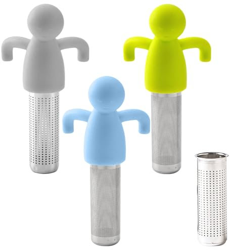 3 colini da tè, 1 colino da tè in metallo, scolapasta da tè in acciaio inox, colino da tè in silicone, a forma di uomo, colino montato per tazze,