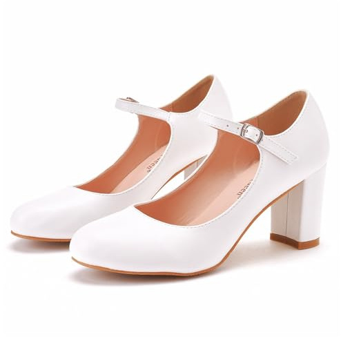 Scarpe Mary Jane Donna Chiuso Punta Rotonda Scarpe Tacco Largo Cinturino alla Caviglia Fibbia 7cm da Matrimonio Ufficio Pumps (Bianco,35)