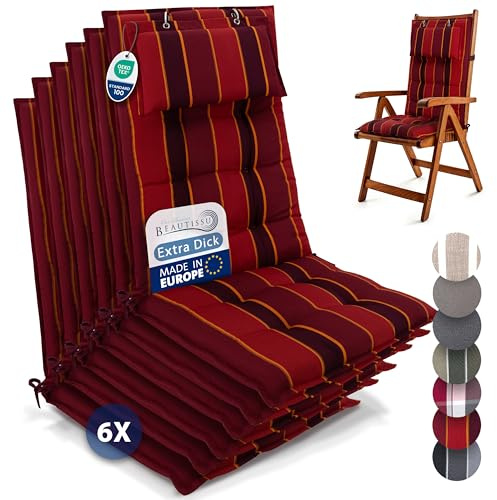 Beautissu 6er Set Premium Hochlehner Auflage mit Kopfpolster 120x50cm Sun-HL – 8cm Dick Polster Gartenstuhlauflage rutschfest Befestigungsbänder UV-Lichtechtheit 5 – Robust Stoff Rot Gestreift
