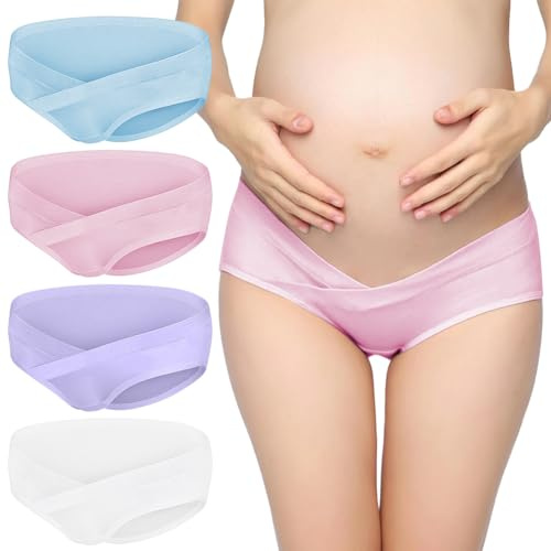 ACWOO Women's Maternity Knickers, 4PCS Soft Cotton Pregnancy Panties, Stretchable & Breathable Pregnancy Postpartum Underwear, V -Shape Low Waist Under The Bump Maternity Knickers Bikini Pants