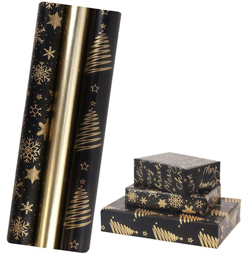 43cm×3m Christmas Wrapping Paper Rolls,3 Roll Package Christ-mas Wrapping Paper Gift Wrap Xmas Party with Snow Christmas Tree Black Gold Kraft Roll for Xmas Party Gift Wrap Decor