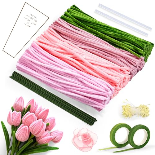 Chumix Rensarpipblomset, 400 st Rensarpipor, för att Göra Rosa Tulpanbuketter, DIY Rensarpipor, för att Tillverka Presenter Till Födelsedagar, Morsdag och Tackgiving