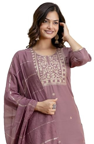 TRENDMALLS Women's Cotton Embroidery Kurta Pant with Dupatta Set (G365-Peach-S)