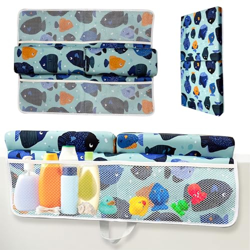 TubbieBuddies Bath Kneeler and Elbow Rest Pad Set – Fish-Themed Baby Bath Cushion with 4 Large Mesh Storage Pockets – Thick Non-Slip Foam, Suction Cups, & Foldable for Easy Storage