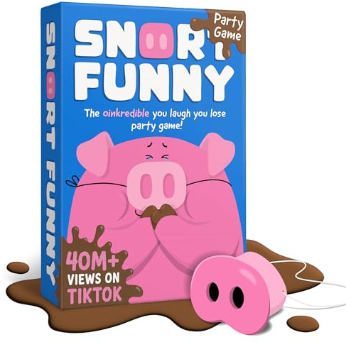 Snort Funny – El Increíble Te Ríes Te Pierdes Juego de Fiesta, Juegos Familiares para Niños y Adultos con 150 Tarjetas de Desafío, 5 Focicos de Cerdo y Fichas de Lodo, Juegos Divertidos para Amigos y