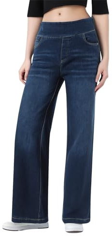 Celanisai Pantalones vaqueros de pierna ancha para mujer, pantalones vaqueros elásticos de cintura alta, vaqueros de otoño, cintura elástica con goma y bolsillos, cómodos y suaves, pantalones de